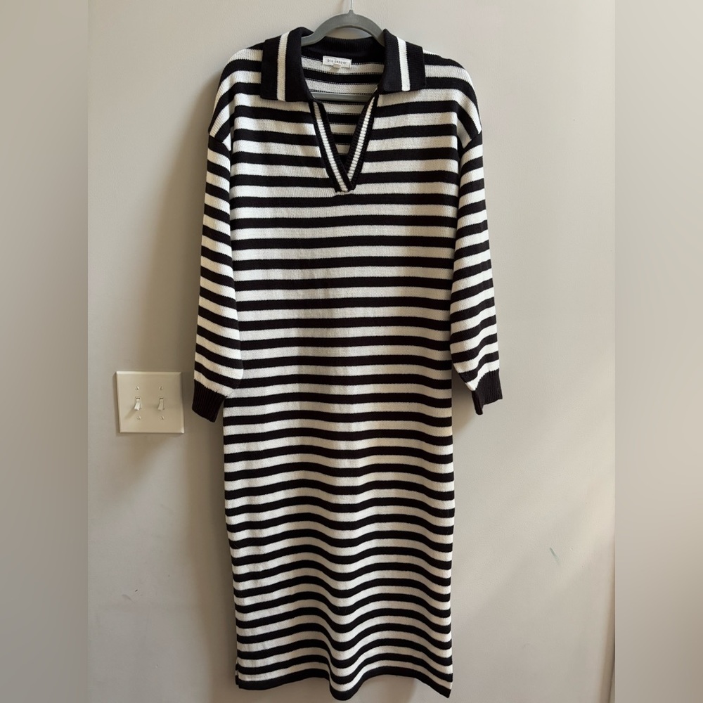 blu pepper Black and White Striped Long Sleeve Sweater Dress with Collar Size S